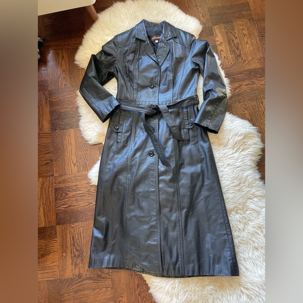 Vintage 80s leather duster trench coat Split Ends Ltd. Black coat jacket - Picture 7 of 13